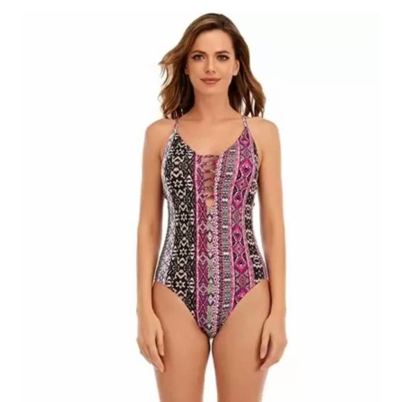 lucky Brand Boho Chic Printed One-Piece Swimsuit bathingsuit S grandma core slim - Picture 2 of 9